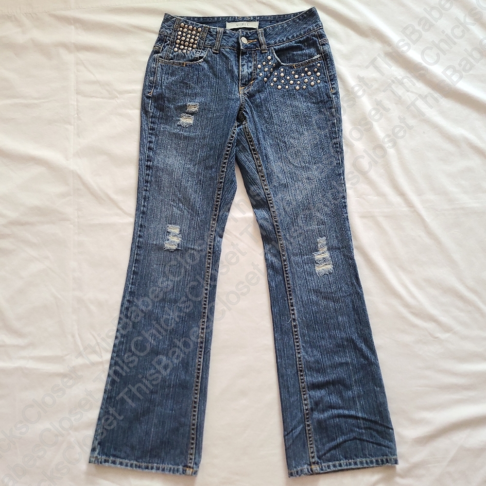 ❤️EUC Mixit Medium Blue Wash Distressed Studded Zippers Bootcut Denim Jeans, 2